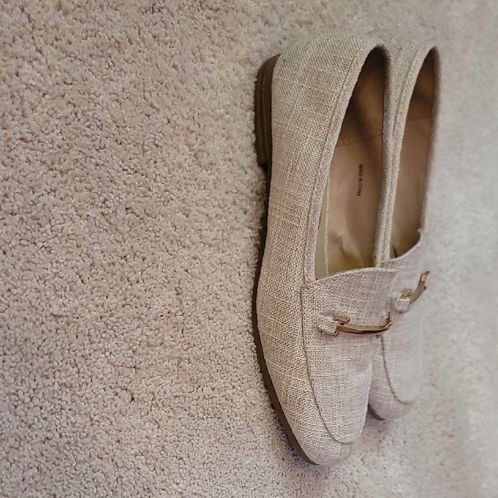 Beige Woven Style Loafers with Gold Buckle - Picture 7 of 9